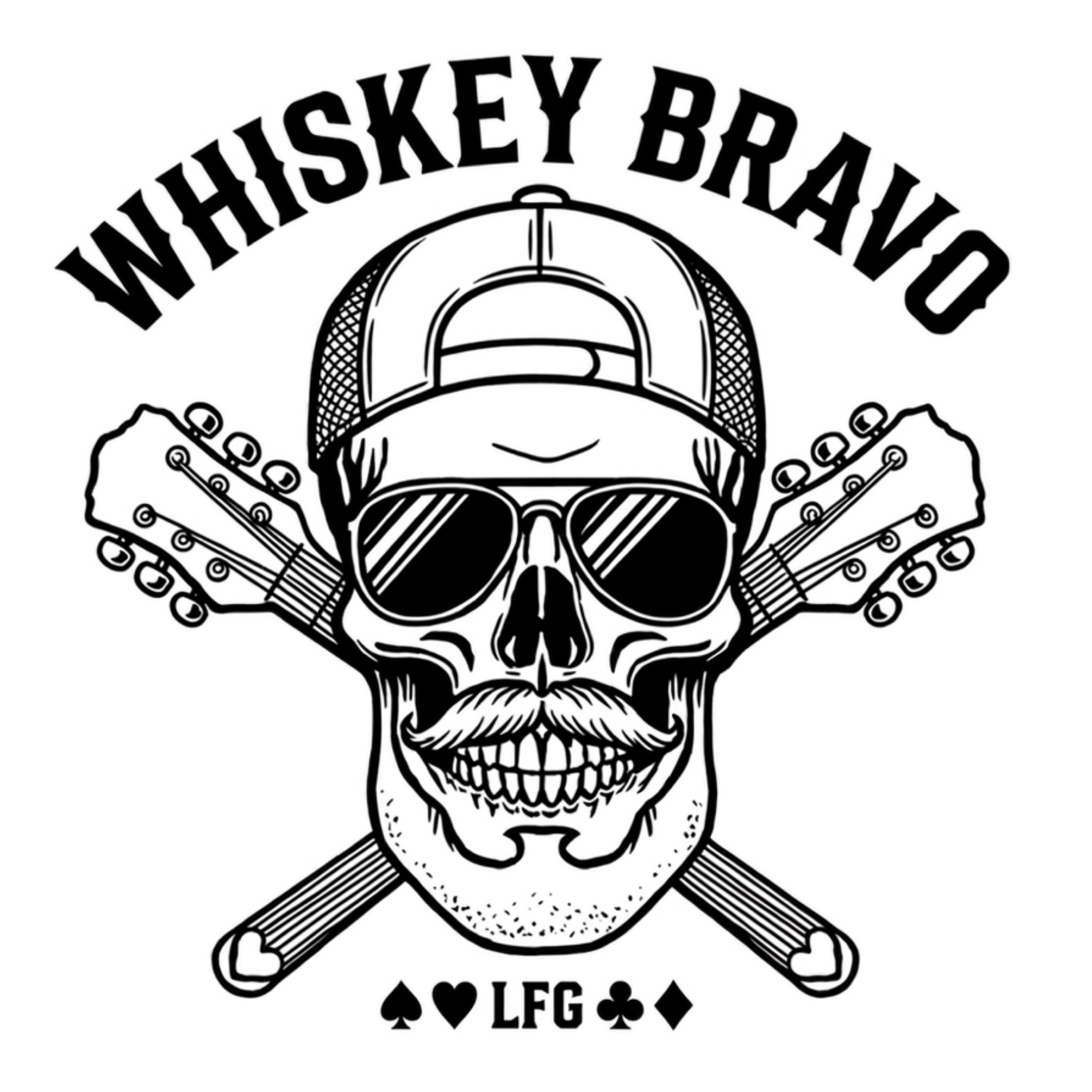 Whiskey Bravo skull and guitars logo